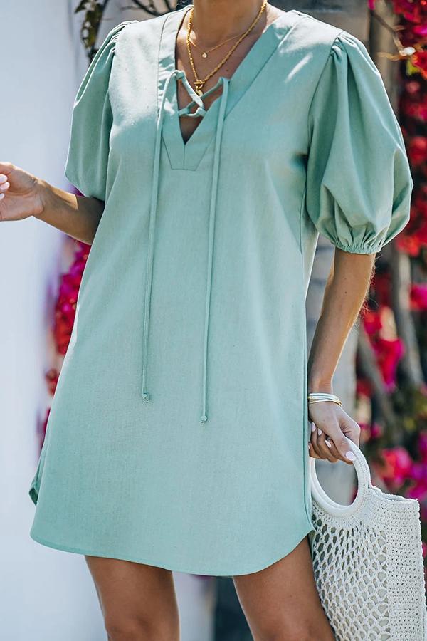 Pure Color Linen Blend Puff Sleeve V-neck Dress