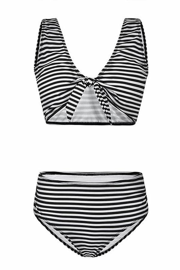 Striped Print Sweet Girl Knotted Swimsuit