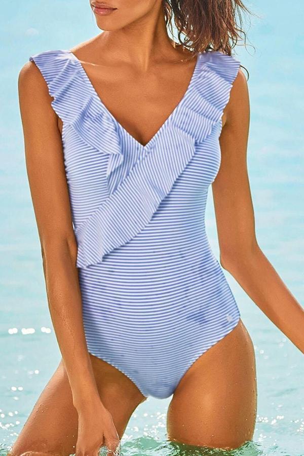 Removable Ruffled Striped Chic One-piece Swimsuit