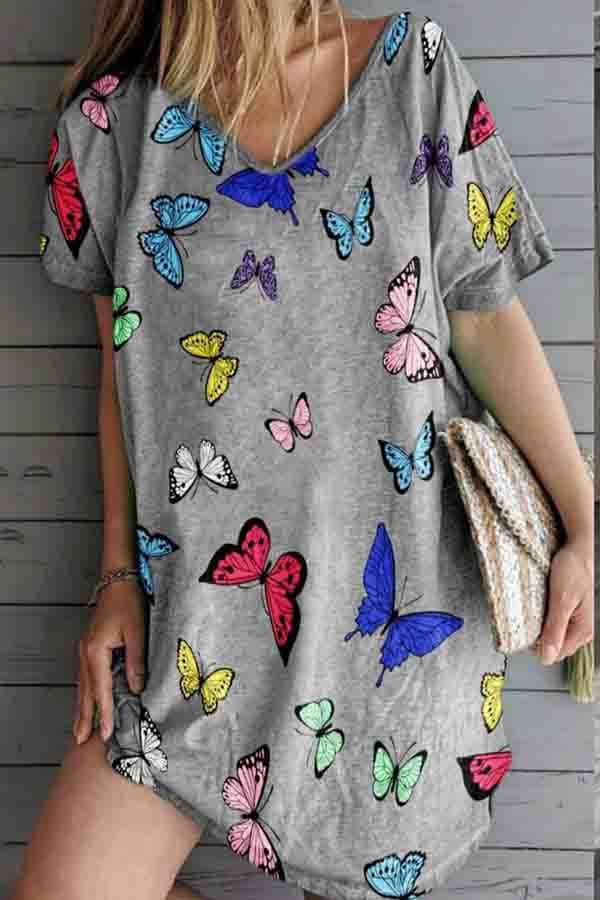 Butterfly Print V-neck Loose Pajama Dress