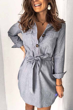 Striped Casual Tie Shirt Dress