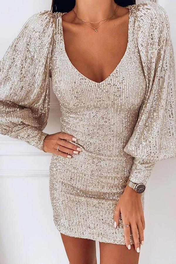 Puff Sleeve Deep V-neck Sequin Dress