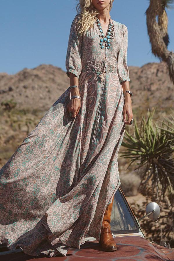 Printed V-neck Cardigan Temperament Long Skirt