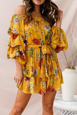 Summer Flower Print One-shoulder Casual Dress 