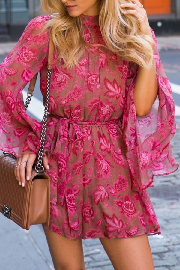 Elegant Flared-sleeve Open-back Rose print Dress