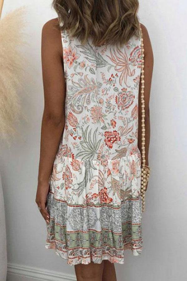 Stand-up Collar Stitching Sleeveless Printed Dress