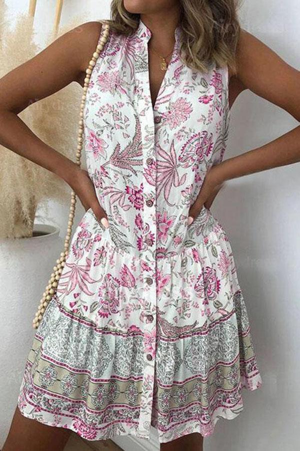 Stand-up Collar Stitching Sleeveless Printed Dress