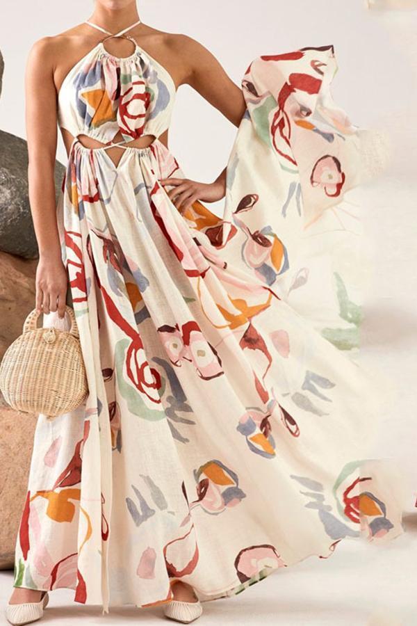 Elegant Printed Tummy Cross Halter Dress 