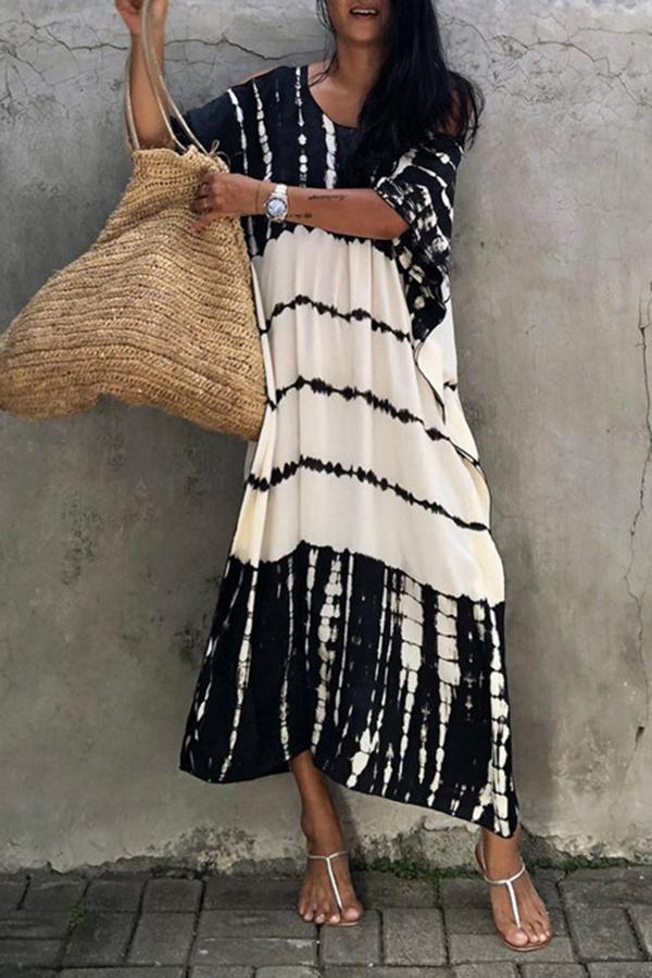 Black White Printed Strapless Oversized Dress