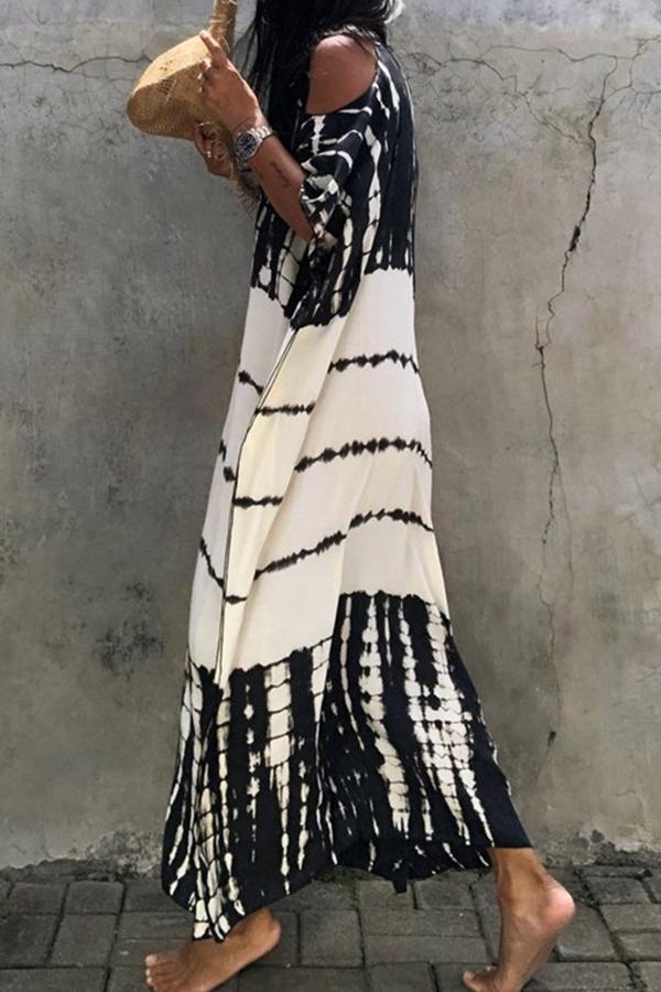 Black White Printed Strapless Oversized Dress