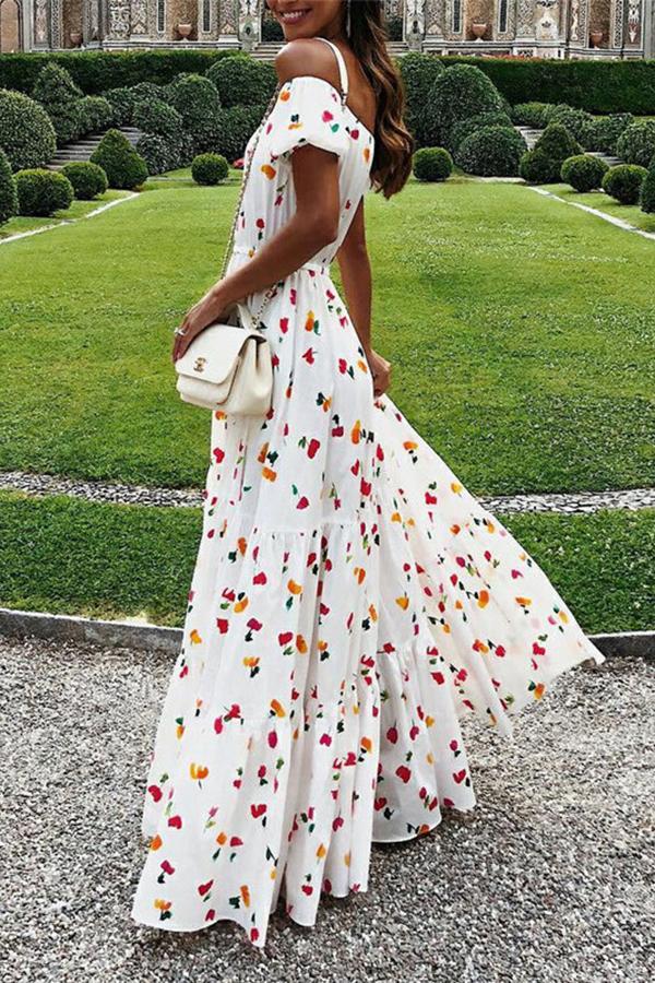 One-shoulder Small Cherry Print Elegant Dress