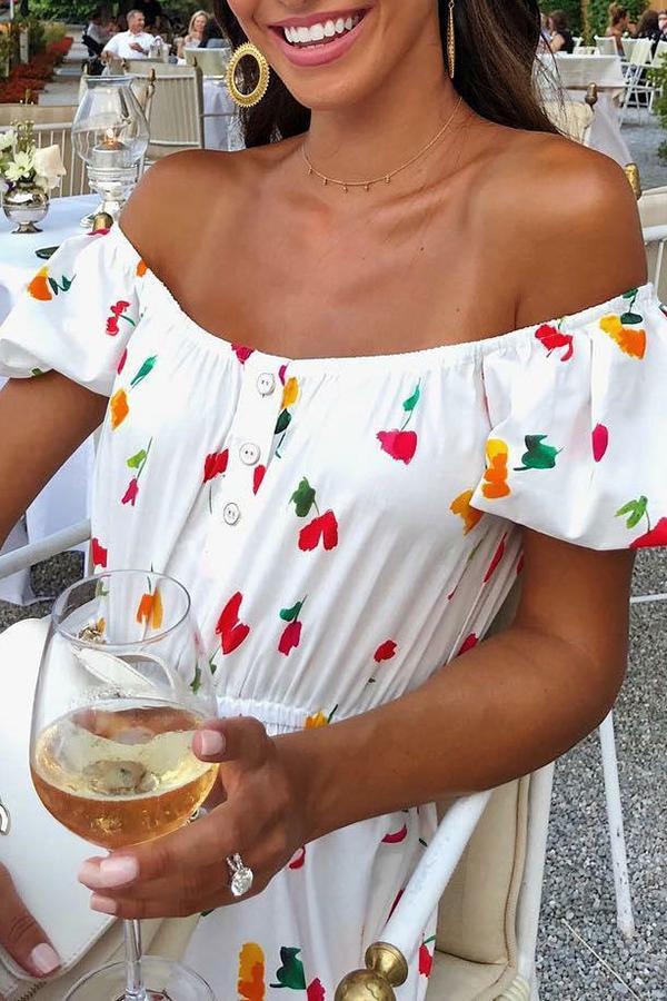 One-shoulder Small Cherry Print Elegant Dress