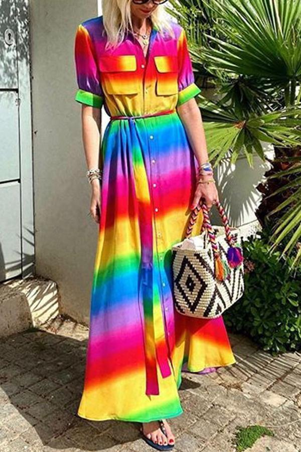 Mid-sleeve Rainbow Casual Mid-sleeve Dress