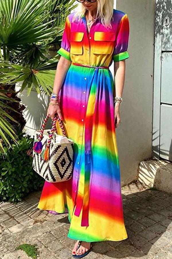 Mid-sleeve Rainbow Casual Mid-sleeve Dress