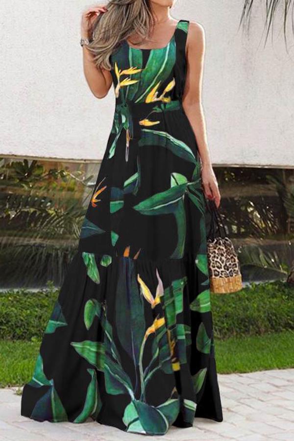 Bohemian Green Printed Bouquet Waist Dress