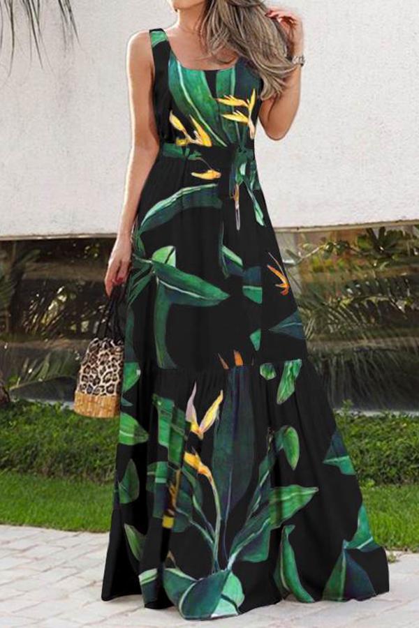 Bohemian Green Printed Bouquet Waist Dress