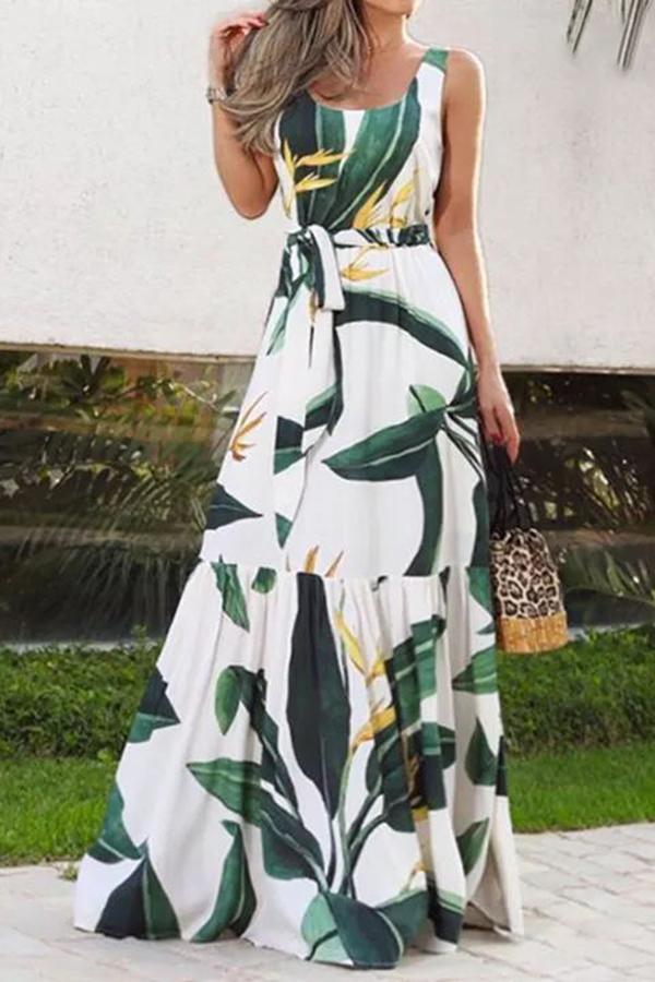 Bohemian Green Printed Bouquet Waist Dress