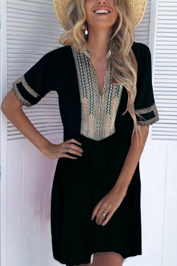 V-neck Ethnic Embroidery A-line Holiday Dress