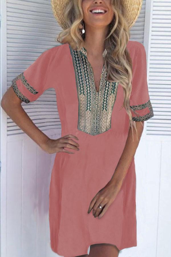 V-neck Ethnic Embroidery A-line Holiday Dress