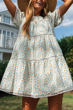 Sunflower Print Lace Stitching Big Swing Mini Dress