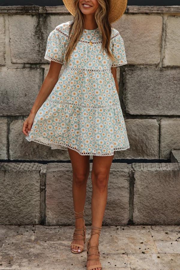 Sunflower Print Lace Stitching Big Swing Mini Dress