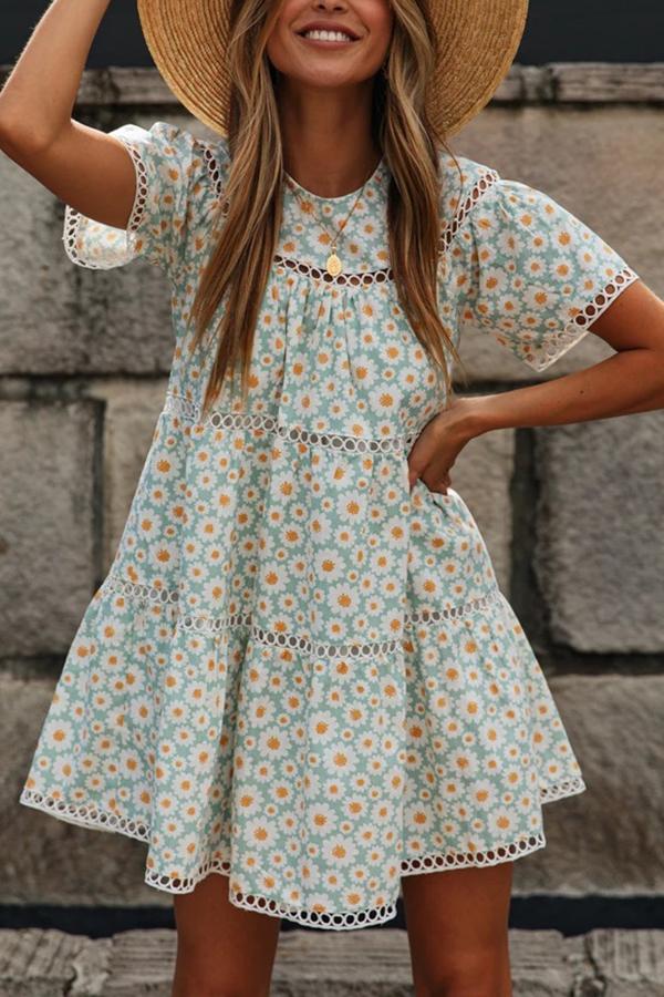 Sunflower Print Lace Stitching Big Swing Mini Dress