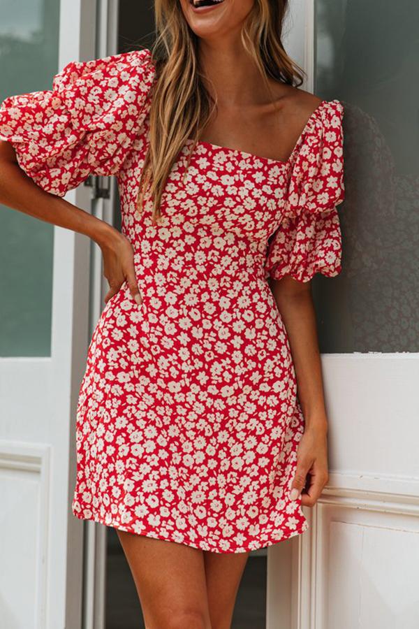 Floral Print Princess Collar Puff Sleeve Mini Dress