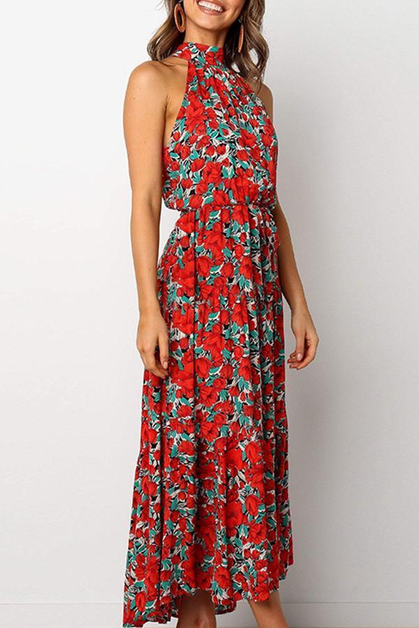 Elegant Floral Print Halter Dress