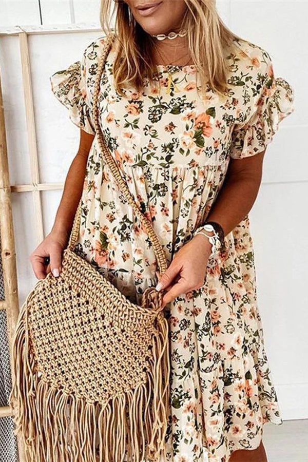 Chic Floral Print Ruffle Sleeves Dress