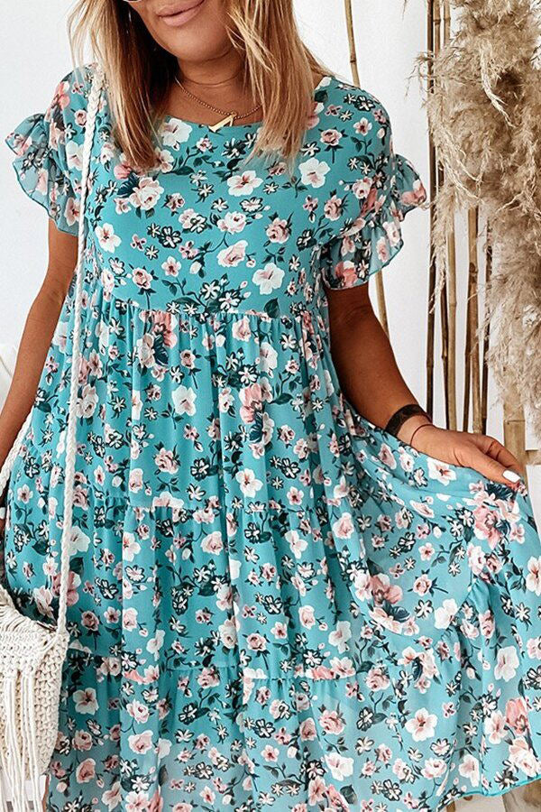 Chic Floral Print Ruffle Sleeves Dress