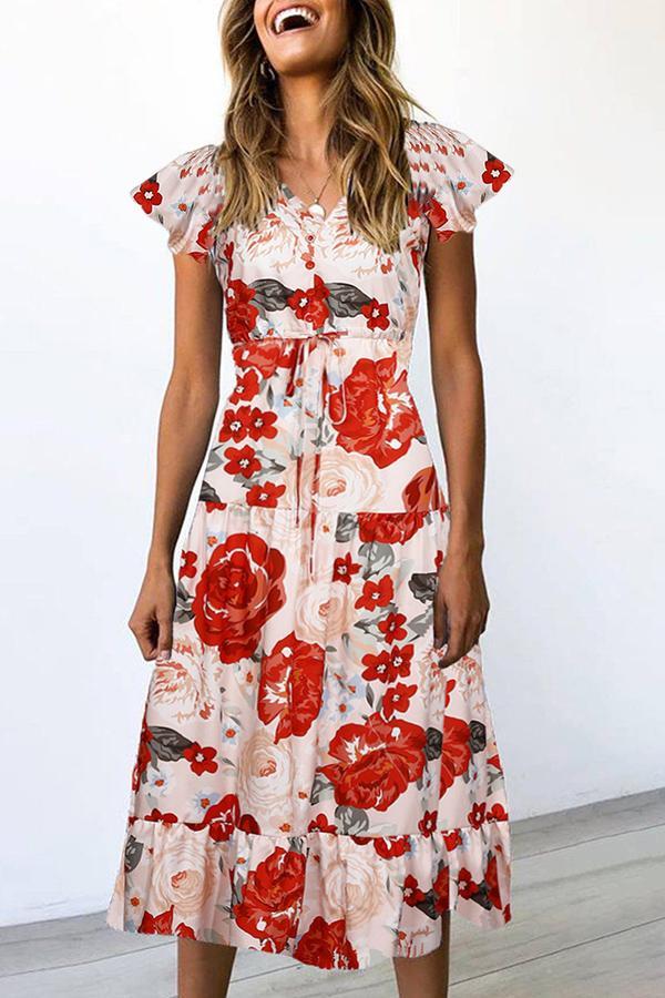 Pretty Floral Print Lacing Dress