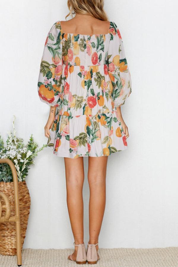 Smart Fruit Print Flared Sleeves Dress