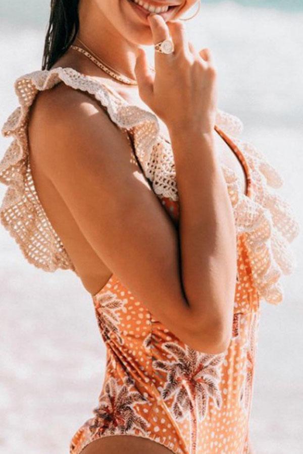 Lace Deep V-Neck Print Swimsuit