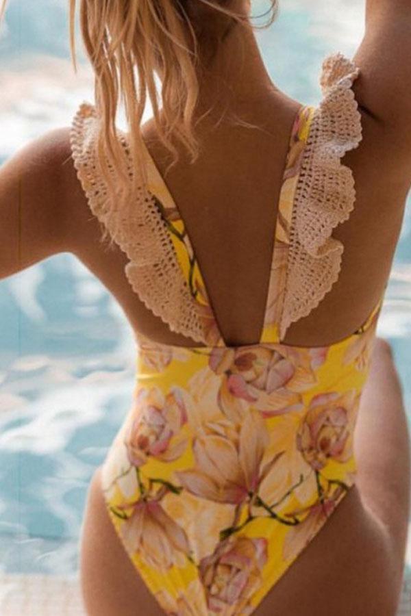 Lace Deep V-Neck Print Swimsuit