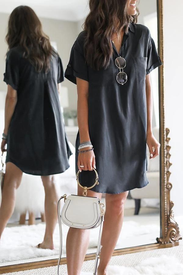 Short Sleeve Solid Color Shirt Collar Dress