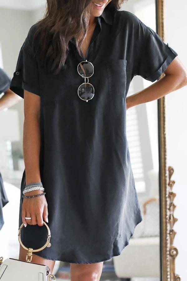 Short Sleeve Solid Color Shirt Collar Dress