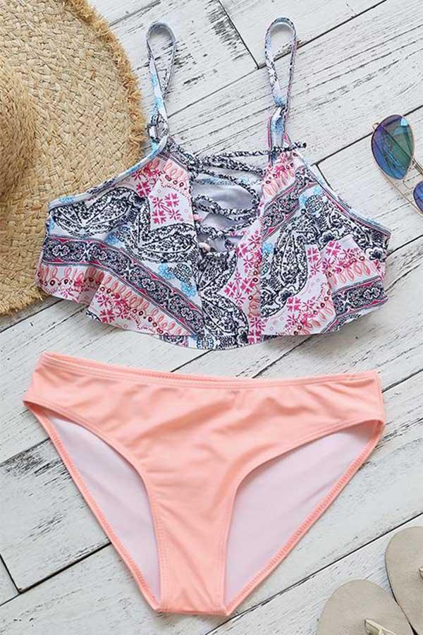 Flounce Low Waist Lace Up Bikini 