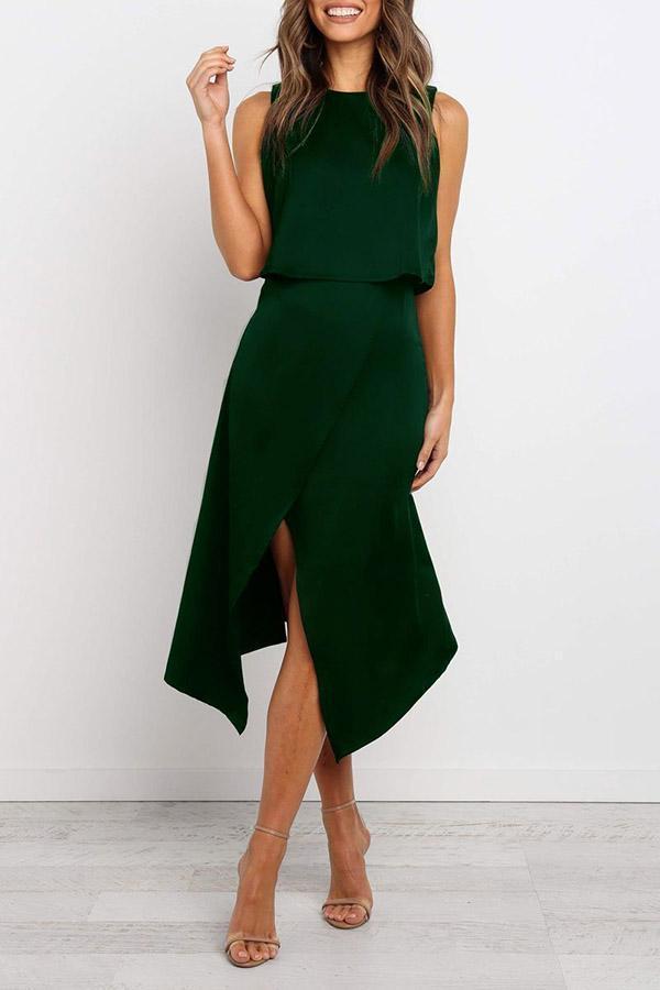 O Neck Split Black Midi Dress