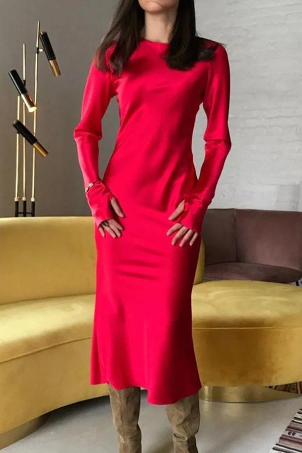 On-trend Solid Color Skinny Fit Long Sleeve Maxi Dress