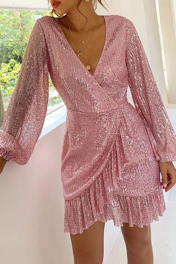 Feminine V Neck Sequined Tailored Midi Dress