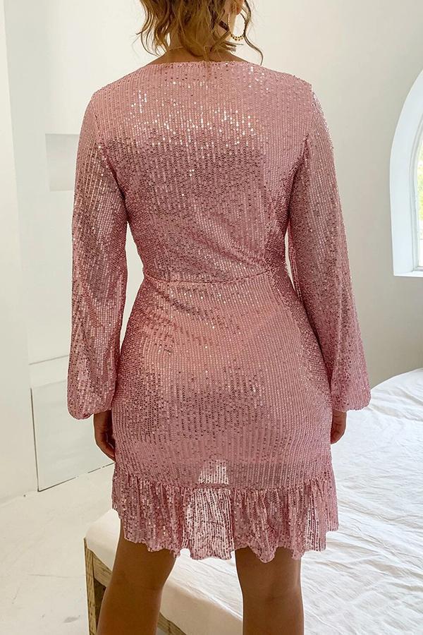 Feminine V Neck Sequined Tailored Midi Dress