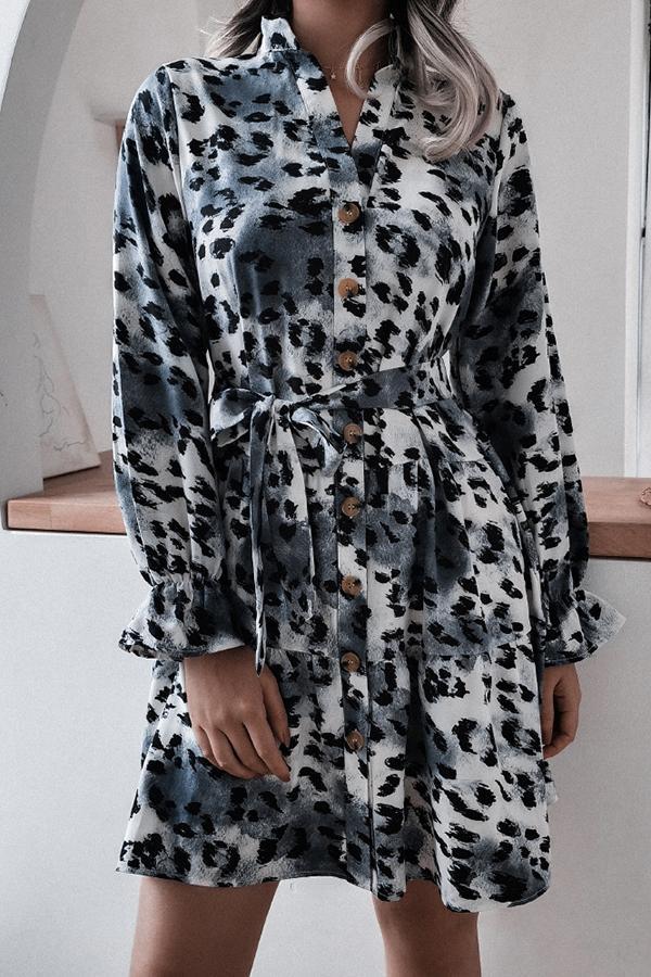 Luxe Stylish Leopard Tie Dye Flared Sleeves Draw Back A-line Midi Dress