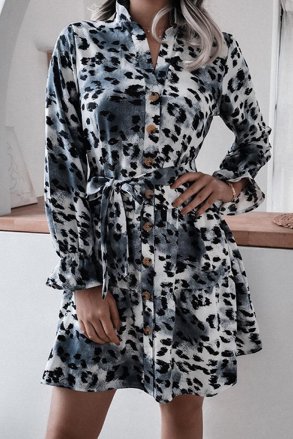 Luxe Stylish Leopard Tie Dye Flared Sleeves Draw Back A-line Midi Dress