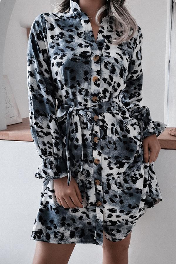 Luxe Stylish Leopard Tie Dye Flared Sleeves Draw Back A-line Midi Dress