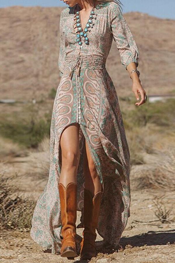 Retro Elegant Bohemia Floral Print Draw Back Midi Dress