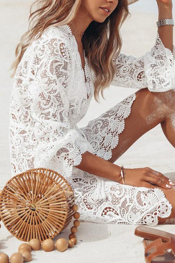 Pure Elegant Erogenous Lace V-neck Long Sleeve Dress Smock