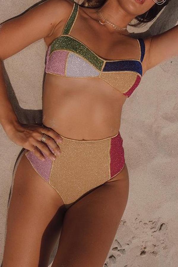 Stylish Playful Colorful Contrast Patchwork Gold Wire Split Bikini Sets