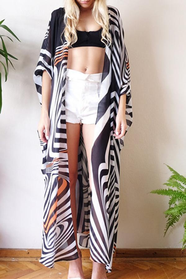 Modern Casual Chiffon Black&White Stripe Sun Protection Smock