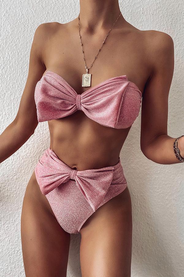 Sweet Cute Bright Silk Bow-knot Decoration Split Bikini