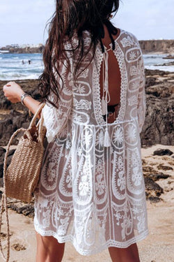 Elegant Smart Lace Hollow Round Neck Floral Print Beach Dress Smock